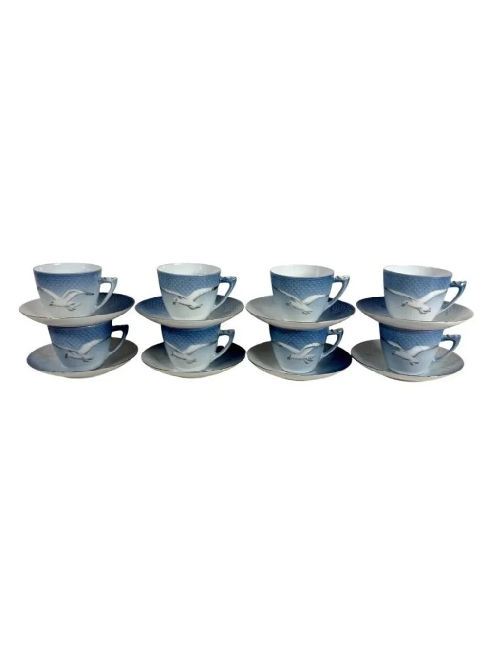 Bing & Grondahl Copenhagen Seagull Gold Rim Cup and Saucer Set of 8